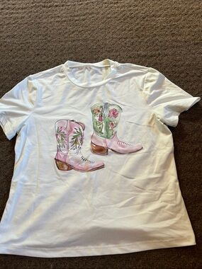 SHEIN White Tee with Pink & Green Cowboy Boot Print